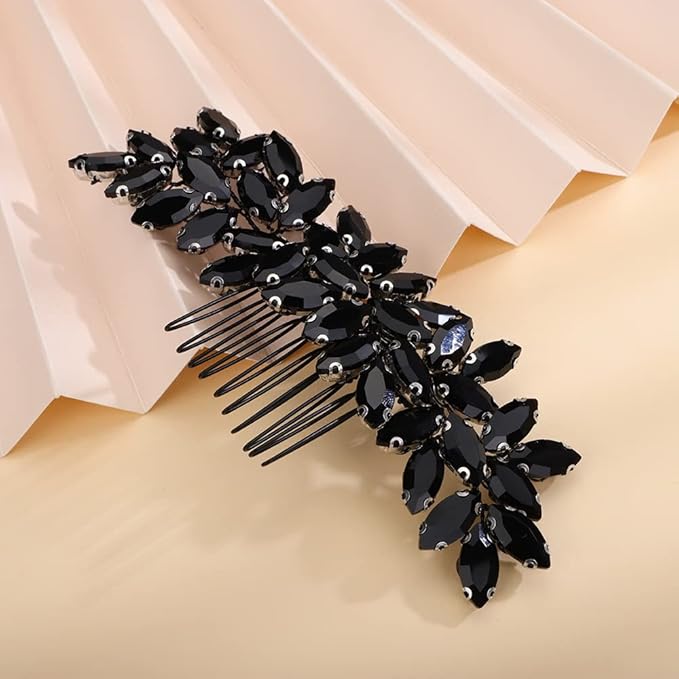 Kercisbeauty Wedding Bridal Black Rhinestones Beads Hair Comb Side Hair Jewelry for Prom Party Halloween Handmade Side Headpiece