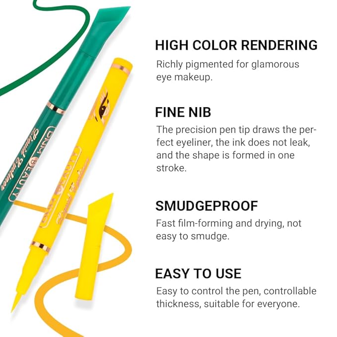 evpct 2Pcs Yellow Green Liquid Wing Eyeliner Stamp Eye Pencil Makeup Sets Waterproof Colored Color Eye Liners Stamps Shapes delineador de ojos contra el agua delineadores de colores para ojos 04&05