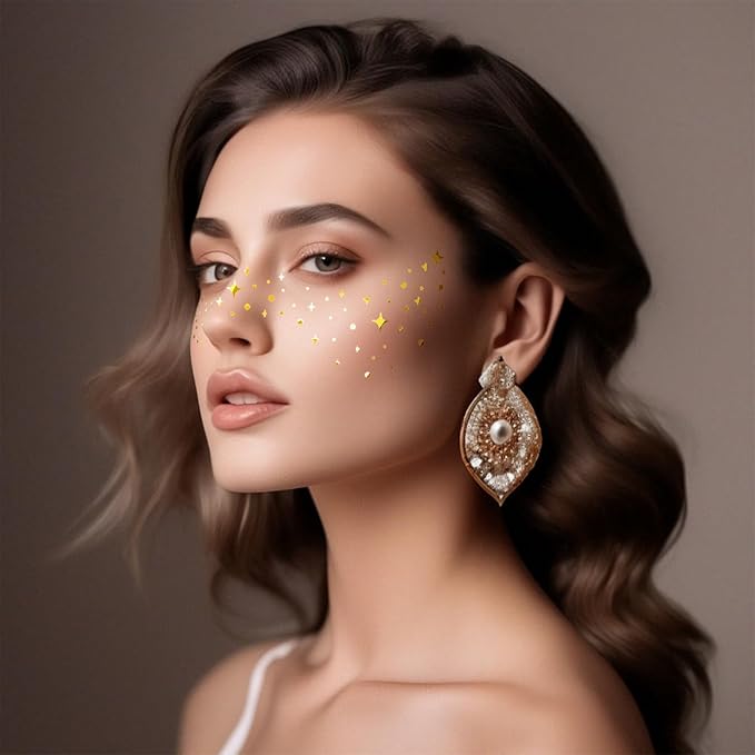 Glitter Face Makeup Patches, Face Makeup Patches, Gold Glitter Freckles Face Tattoo, Glitter Freckles, Sparkle Makeup Patches, Waterproof Face Glitter Speckles Patches for Women (A-Gold)