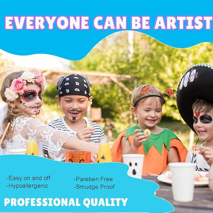 Bowitzki Face Paint Kit with 13 Colors, 12 Stencils, 2 Glitters, 2 Sponges, 2 Brushes, 1 Sheet Gems, Water Based Face Painting Kit for Kids, Safe Professional Halloween Party Makeup Set