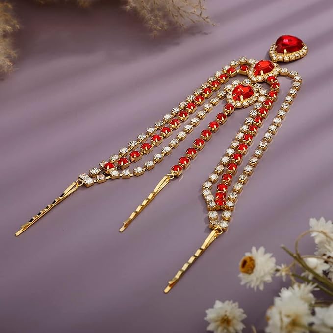 Xerling Red Crystal Pendant Head Chain Boho Layered Rhinestones Forehead Headpiece Tassel Head Jewelry for Women Wedding Hair Clip Accessories for Brides (Red-Gold)