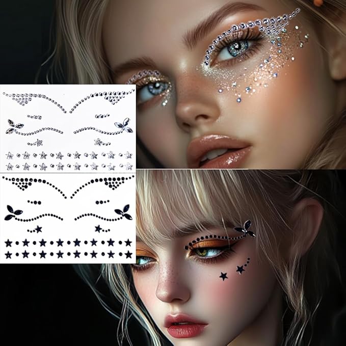 Eyeliner Gems,Rhinestone Festival Eyeliner Face Bindi Decorations Jewels Body Glitter Crystal Sticker for Men Women Kids Halloween Prank Makeup Costume,2-Pack