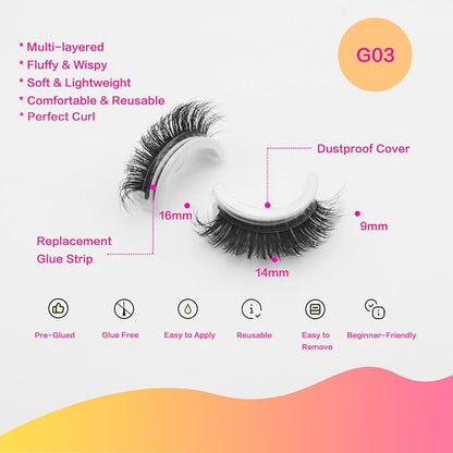 DAODER Self Adhesive Eyelashes Demi Wispies Lashes Natural Look NO Glue Need False Eyelashes 3Pairs Soft Fluffy Reusable with 40 Extra Glue Strips 16mm(Demi Wispies GX03)