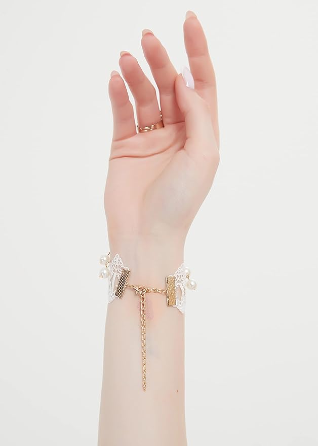 Gothic Pearl Lace Steampunk Wristband Vintage Pearl Pendant Tassel Lace Hand Chain with Finger Ring Lolita Lace Hand Accessories for Women and Girls (Style 2)