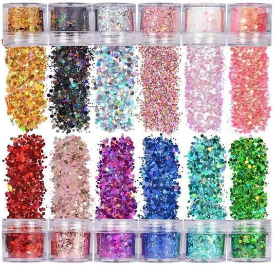Speqtrum Products 12 Colors Chunky Sequins & Fine Glitter Powder Mix, Iridescent Glitter Flakes, Cosmetic Face Body Eye Hair Nail Art Resin Tumbler Glitter Loose Glitter