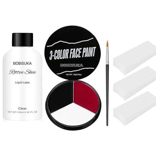 Clear Liquid Latex + White Red Face Paint + 3PC Sponge + Brush Set for Halloween Costume, Zombie Makeup, SFX Special Effect Make Up