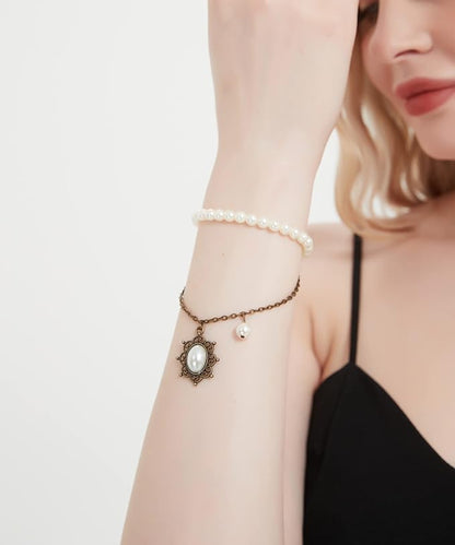 Gothic Pearl Lace Steampunk Wristband Vintage Pearl Pendant Tassel Lace Hand Chain with Finger Ring Lolita Lace Hand Accessories for Women and Girls (Style 7)