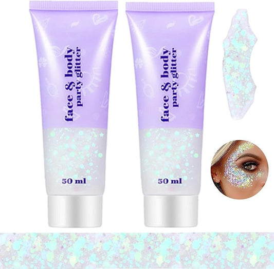 Go Ho 2PCS White Face Body Glitter Gel,Singer Concerts Face Glitter Makeup,Holographic Long Lasting Chunky Sequins Glitters for Eye Lip Hair Nails,Festival Rave Accessories,06 Fairy White Glitter