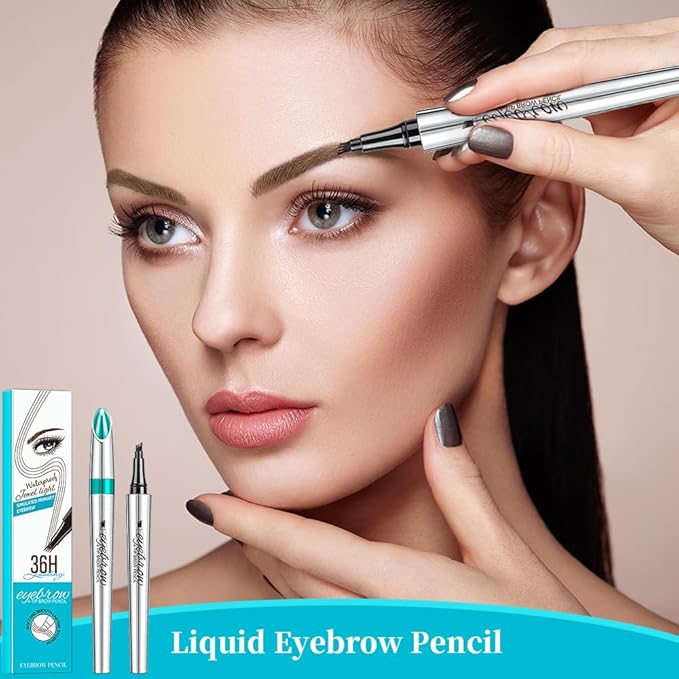 Magic Eyebrow Pencil, 3D 4 Tipped Precise Brow Pen Upgraded Waterproof Microblading Eyebrow Pencil Contouring Pen Natural Makeup Effect (B-Gray)