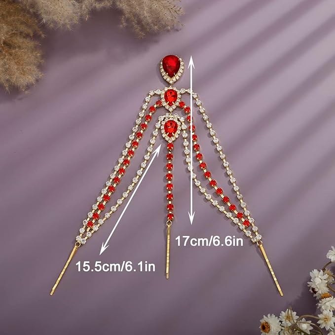 Xerling Red Crystal Pendant Head Chain Boho Layered Rhinestones Forehead Headpiece Tassel Head Jewelry for Women Wedding Hair Clip Accessories for Brides (Red-Gold)