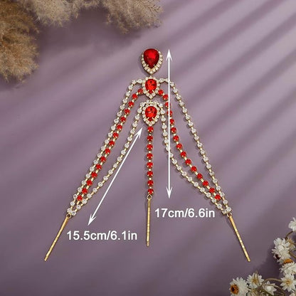 Xerling Red Crystal Pendant Head Chain Boho Layered Rhinestones Forehead Headpiece Tassel Head Jewelry for Women Wedding Hair Clip Accessories for Brides (Red-Gold)