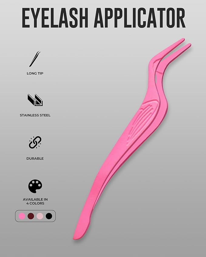 Eyelash Applicator Tool in Leather Case -Best Lash Cluster Applicator-with Stainless Steel Curved Design Lash Applicator Use for Wisps Lashes(Nude) (Baby Pink)