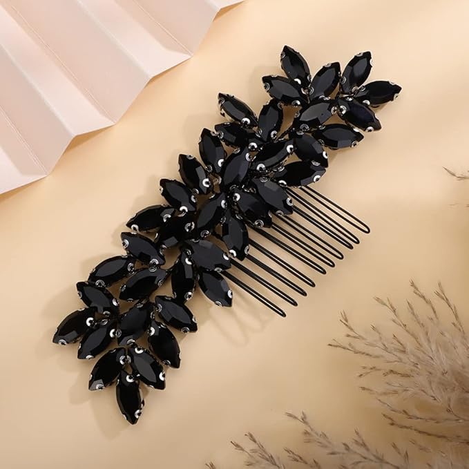 Kercisbeauty Wedding Bridal Black Rhinestones Beads Hair Comb Side Hair Jewelry for Prom Party Halloween Handmade Side Headpiece