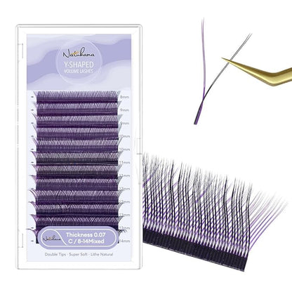 YY Eyelash Extension 0.07mm C Curl 8-14mm Mixed Tray Lash Supplies Premade Fan Y Shape Volume Lash 12 Rows Premium Faux Mink Lash Extensions (8-14 MIX, Blue+Purple;0.07 C)