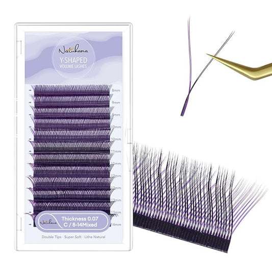 YY Eyelash Extension 0.07mm C Curl 8-14mm Mixed Tray Lash Supplies Premade Fan Y Shape Volume Lash 12 Rows Premium Faux Mink Lash Extensions (8-14 MIX, Blue+Purple;0.07 C)