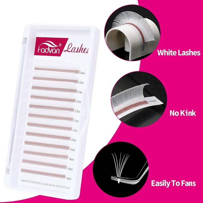 Volume Eyelash Extensions White Lashes D Curl Colored Lash Extensions Thickness 0.07mm Mixed Tray 8-14mm Easy Fan Colored Lashes Professional Use by FADVAN (white-D, 8-14mm)