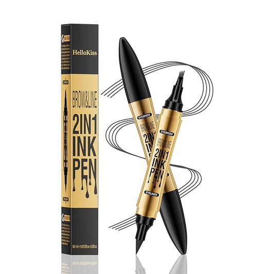QIC 2 in 1 Microblading Eyebrow Pen with Eyeliner Pencil,3D Waterproof Magic Eyebrow Pencil with 4 Fork Tip Multifunctional Double Head Microblade Eyebrow Pencil Waterproof and Long-Lasting (Gray)
