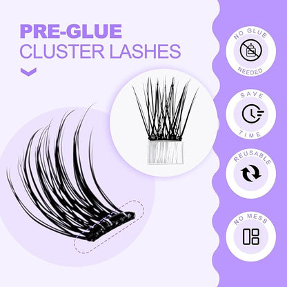 Self Adhesive Eyelashes Kit DIY Eyelash Extension Reusable Adhesive Eyelashes Press On Falsies No Glue No Remover Needed Self Stick Cluster Lashes and Tweezers(C02-0.07D Kit,10-18mm)