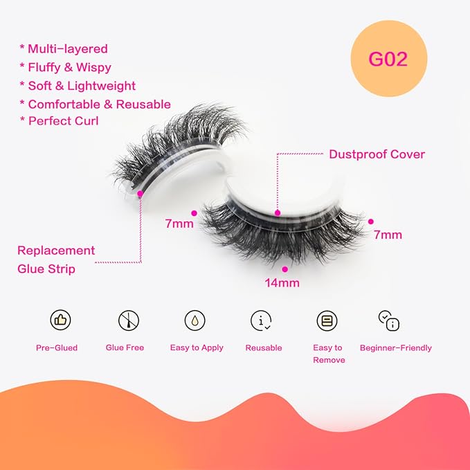 DAODER Self Adhesive Eyelashes Wispy Lashes Natural Look NO Glue Need Press On Lashes 3 Pairs Soft Fluffy Reusable Eyelashes with 40 Extra Glue Strips 14mm (Round Eye GX02)