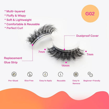 DAODER Self Adhesive Eyelashes Wispy Lashes Natural Look NO Glue Need Press On Lashes 3 Pairs Soft Fluffy Reusable Eyelashes with 40 Extra Glue Strips 14mm (Round Eye GX02)