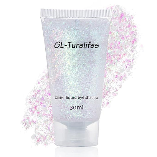 GL-Turelifes 30ml Sequins Chunky Glitter Liquid Eyeshadow Body Gel Festival Cosmetic Face Hair Nails Makeup Long Lasting Sparkling Easy to Apply and Remove (#01 White)