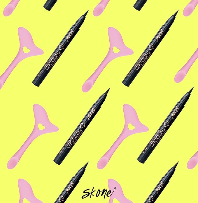 Skone Cosmetics Tattooed Eyeliner & Stencil Duo - Waterproof, Smudge Proof Felt Tip Liquid Eyeliner & Easy to Use Multifunctional Eyeliner Aid Stencil Tool Guide for Mascara Shield Applicator Guard, L