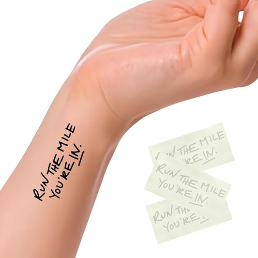 "Run The Mile You're In" Temporary Tattoos (3 Sheets) – Motivational Running Tattoo for 5K, Marathon, Ultra | Vegan, Realistic, Waterproof & Long-Lasting (2-5 Days) – 3" x 1.5" – Race Day Inspiration
