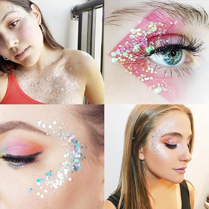 Holographic Body Glitter Gel,Chunky Glitter Mermaid Sequins Liquid Sparkling Glitter Gel for Rave Accessories Face Hair Eye Makeup Festival Party Concerts White+Pink+Sliver (A)