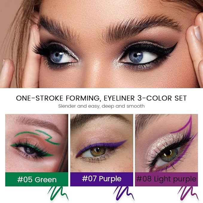 evpct 3Pcs Green Royal Blue Nordic Purple Liquid Wing Eyeliner Stamp Eye Pencil Set Waterproof Colored Color Eye Liner Stamps Shapes delineador de ojos contra el agua delineadores de colores para ojos