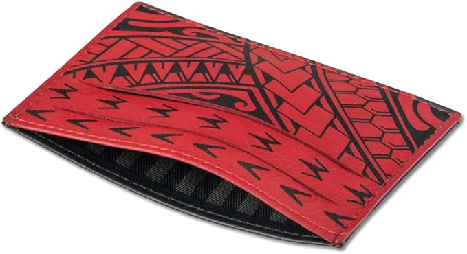 Polynesian Tattoo Leather Credit Card Holder Super Slim Wallet "Hiku" with Tribal Tattoo art by Eugene Ta’ase (Red) from NAKOA