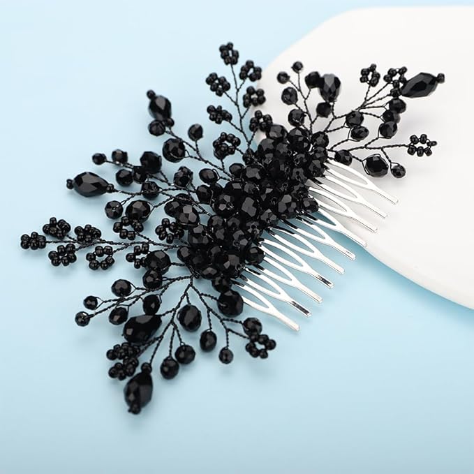 Kercisbeauty Tiny Cute Black Beads Flower Hair Comb Wedding Bridal Handmade Dainty Hair Accessories Headpiece for Women Girls Prom Jewelry
