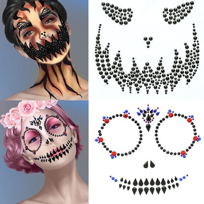 Day of the Dead Face Gems Jewels Tattoos Halloween Face Temporary Skull Tattoos Rhinestone Crystal Stones Body Gems Makeup Stickers DIY Self Adhesive for Women and Girls 2Pcs
