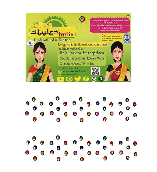 Sticker Kumkum Jewel Bindi Breathable Fabric with Rhinestone, Does not Irritate Skin, No Gum Marks on Skin, Round Tilak A Sheet of 2 Flaps (Multi-Colour) (P6-7MM-Stone)