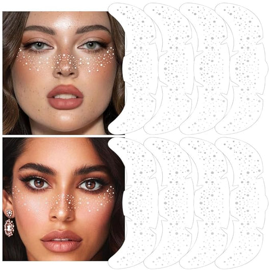 8Ps Face Glitter Speckles Patches, Silver Glitter Freckles Face Tattoo, Glow Up Makeup Patches, Cute Glitter Makeup Accessories for Women, Cosmetic Glitter for Face Gift