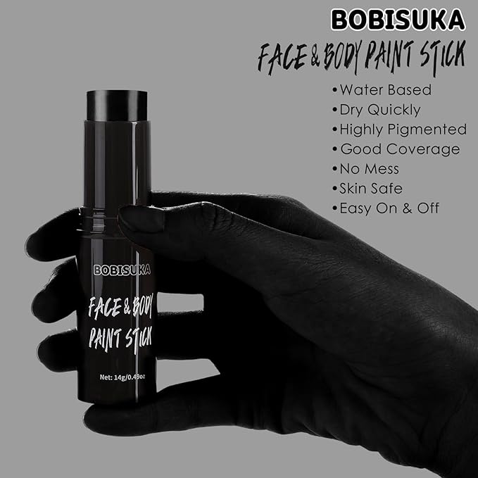 BOBISUKA Black Face Body Paint Stick Eye Black Sticks for Football Baseball Softball Water Based Face Painting Kit Quick Drying Foundation Makeup for Halloween Skeleton Skull Cosplay SFX Costume Party