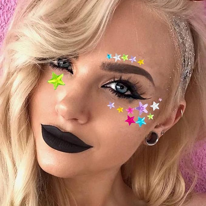 Stars Pattern Face Gems Jewels Self Adhesive Rhinestones Halloween Rave Featival Makeup Body Face Eye Hair Gems Stickers Women Festival Accessory Crafts Decorations (Red Purple Pink Gold Blue Stars)