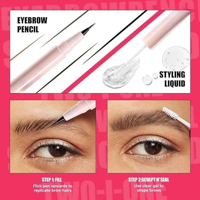 Waterproof Eyebrow Pencil with Fine Tip, 2-in-1 Brow Pen and Sealing Brow Gel, Smudge-Proof, Lightweight and Non-clumping, Eyeliner, Hairline Pencil (Dark Brown)