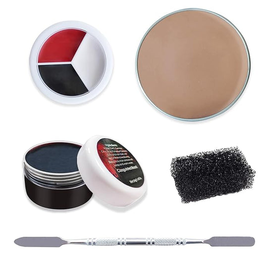 Halloween Makeup Kit: Fake Blood Gel, Scar Wax, 3-Color Palette, Sponge, Spatula - Special Effects Makeup for Zombie, Vampire, Cosplay