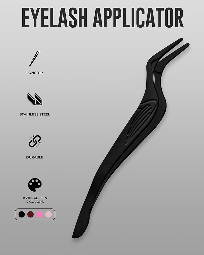 Eyelash Applicator Tool in Leather Case -Best Lash Cluster Applicator-with Stainless Steel Curved Design Lash Applicator Use for Wisps Lashes(Nude) (Black)