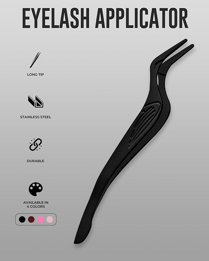 Eyelash Applicator Tool in Leather Case -Best Lash Cluster Applicator-with Stainless Steel Curved Design Lash Applicator Use for Wisps Lashes(Nude) (Black)