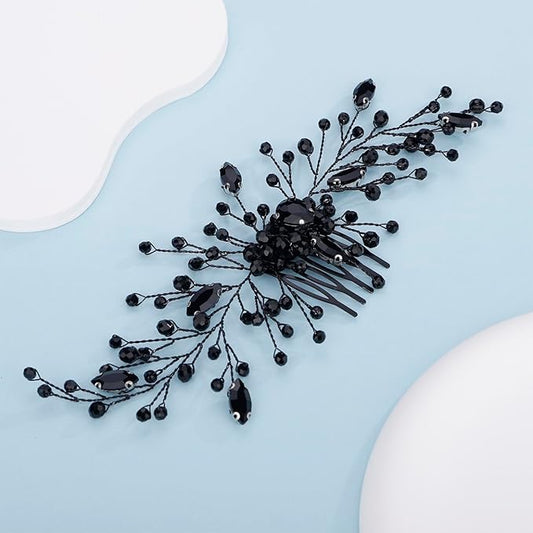 Kercisbeauty Black Rhinestones Beads Crystal Hair Comb Long Side Hairpiece for Wedding Brides Bridesmaid Women Girls Porm Halloween Themed Party Jewelry