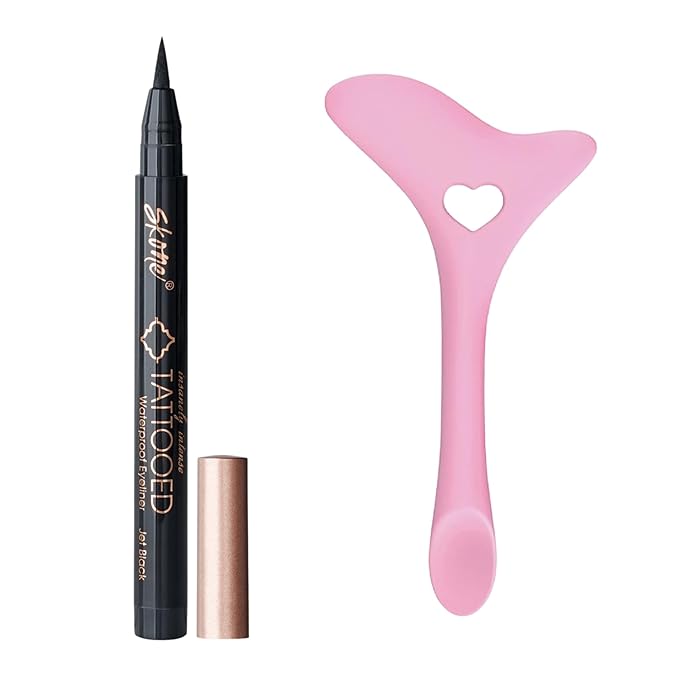 Skone Cosmetics Tattooed Eyeliner & Stencil Duo - Waterproof, Smudge Proof Felt Tip Liquid Eyeliner & Easy to Use Multifunctional Eyeliner Aid Stencil Tool Guide for Mascara Shield Applicator Guard, L