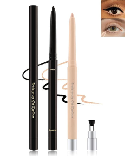 Black+Nude Waterline Eyeliner Pencil, Cream Gel Eye Liner Pencils for Older Women,Waterproof Smudge-Proof Long Wear Retractable Eye Liner with Sharpener, Water Line Eyeliner for Older Women-2Pcs