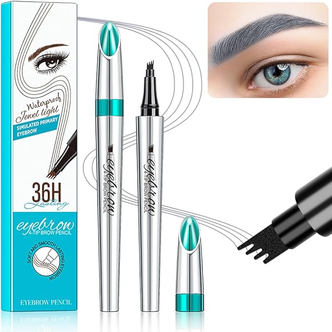Magic Eyebrow Pencil, 3D 4 Tipped Precise Brow Pen Upgraded Waterproof Microblading Eyebrow Pencil Contouring Pen Natural Makeup Effect (B-Gray)