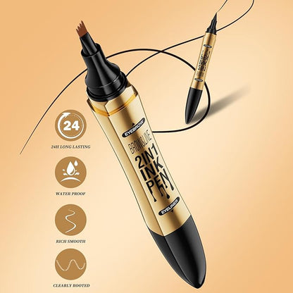 QIC 2 in 1 Microblading Eyebrow Pen with Eyeliner Pencil,3D Waterproof Magic Eyebrow Pencil with 4 Fork Tip Multifunctional Double Head Microblade Eyebrow Pencil Waterproof and Long-Lasting (Gray)