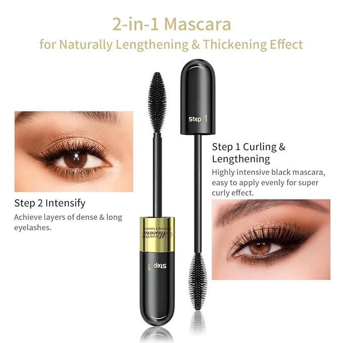 2PCS Essence Mascara Volume And Length- Amazing Lashes Mascara, Long-Lasting 2 In 1 Mascara Waterproof Mascara Voluminous Mascara,Lengthening And Volumizing Tubing Mascara Black