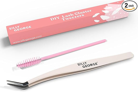Silly George Pop-On Lashes Placement Tool + Spoolie - Precision DIY Cluster Lash Extension Tweezers & Eyelash Fluffing Tool, 2-Piece Set