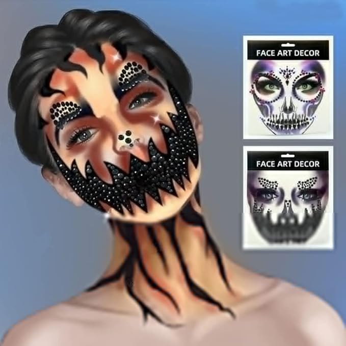 Day of the Dead Face Gems Jewels Tattoos Halloween Face Temporary Skull Tattoos Rhinestone Crystal Stones Body Gems Makeup Stickers DIY Self Adhesive for Women and Girls 2Pcs