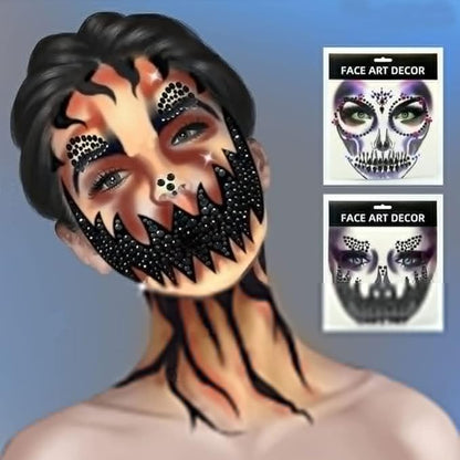 Day of the Dead Face Gems Jewels Tattoos Halloween Face Temporary Skull Tattoos Rhinestone Crystal Stones Body Gems Makeup Stickers DIY Self Adhesive for Women and Girls 2Pcs