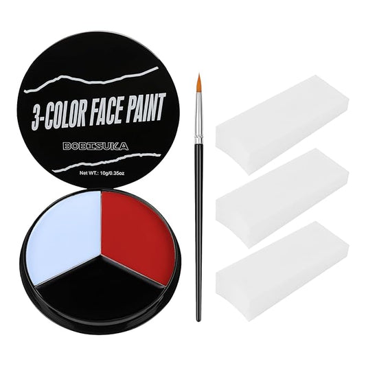 BOBISUKA White Red Grey Face Body Paint + 3PC Sponge + Brush, Colored Eye Black for Baseball Softball Sport Games, Face Painting Kit for Halloween Devil, Vampire Cosplay, Costume, SFX Special Effect and Theme Parties
